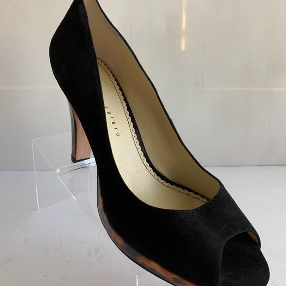 Martinez Valero Black Suede Leopard Print Platform Peep Toe Heels - Sz. 11m - Picture 2 of 7